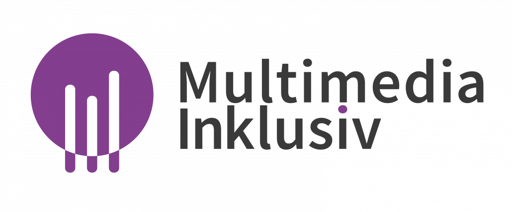 Logo Multimedia Inklusiv. A purple circle with three lines forming an M